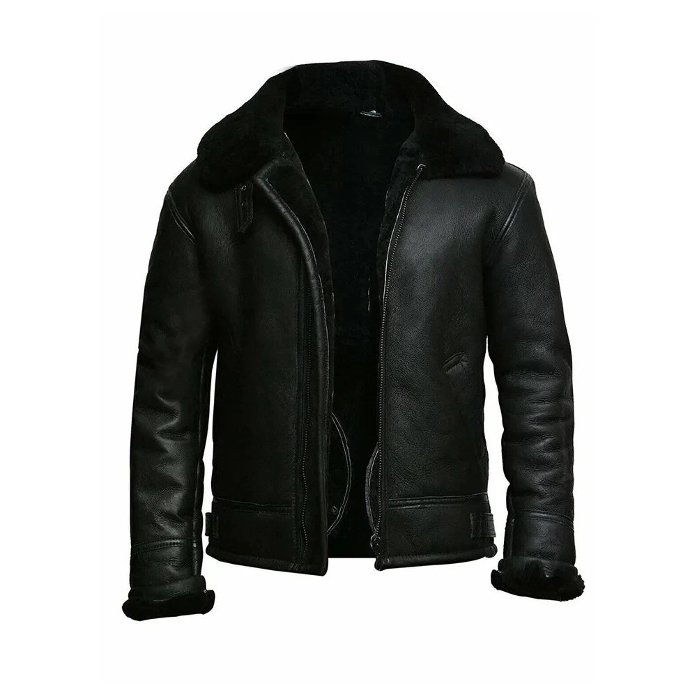 Men's Black Shearling Sheepskin Bomber Jacket