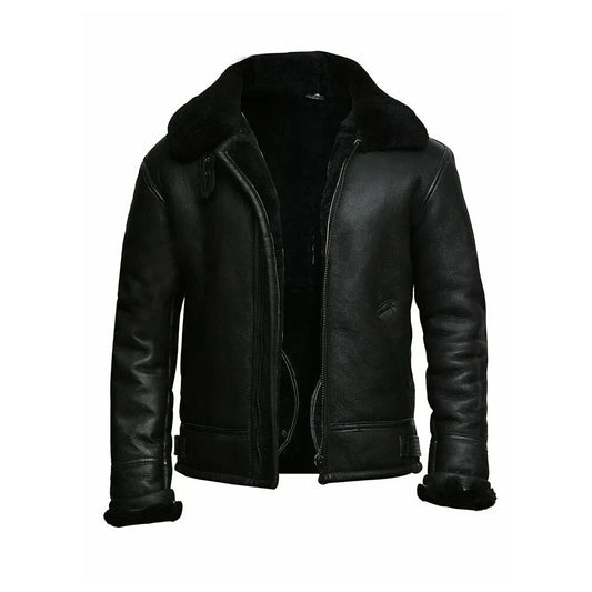Men's Black Shearling Sheepskin Bomber Jacket