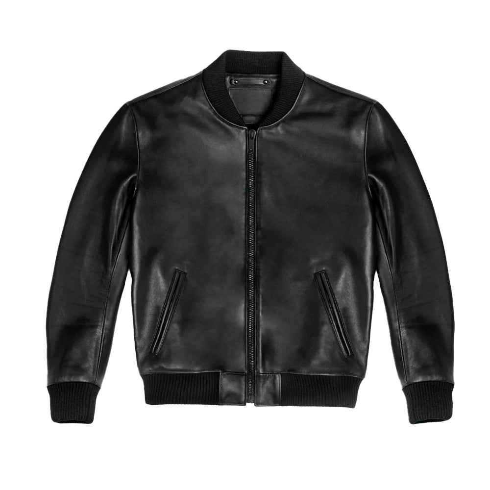 Men Black Bomber Ribbed Leather Jacket