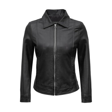 Women's Black Cafe Racer Down Collar Lambskin Leather Jacket