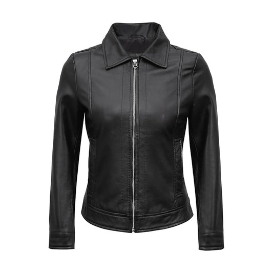 Women's Black Cafe Racer Down Collar Lambskin Leather Jacket