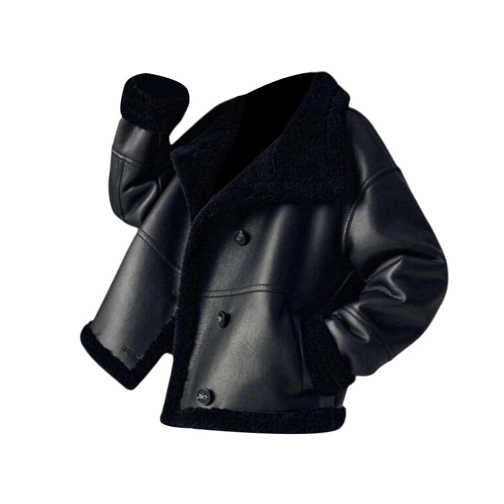 Women Winter Leather Real Wool Jacket Loose Fit Warm Sheep Fur Lining Overcoat Single Breasted Motorcycle Biker Coat
