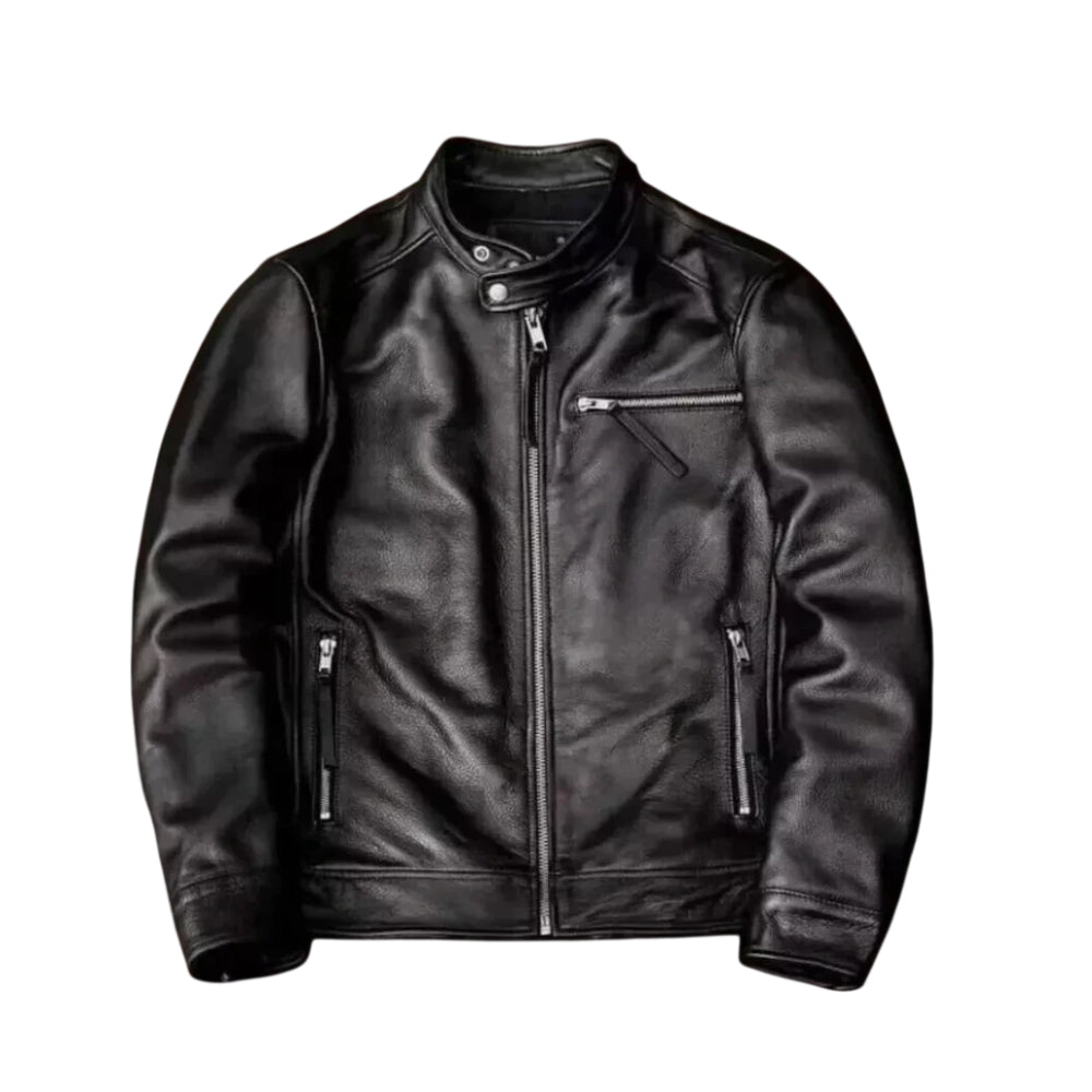 Men's Genuine Leather Motorcycle Jacket, Black, Zip-Up Biker Style with Multiple Pockets, Stand Collar
