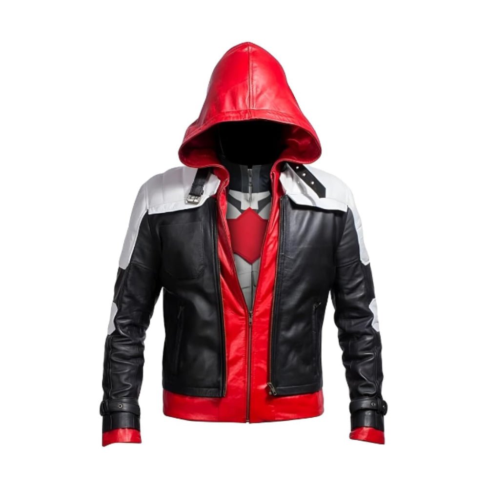 Red Hood Jacket Mens Arkham Jason Todd Bat Logo Black Costume Biker Faux Leather
