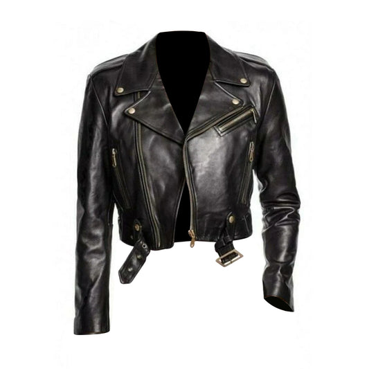 Women's Genuine Leather Biker Jacket - Black Cropped