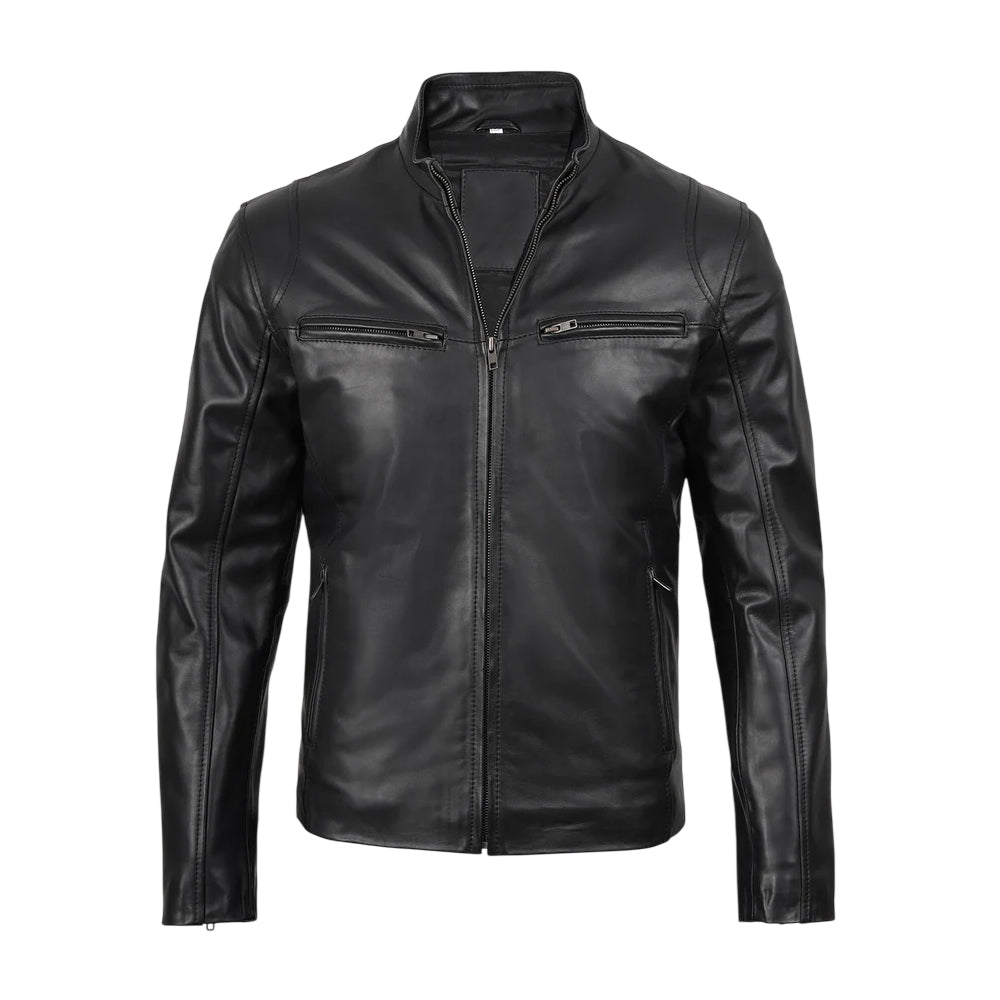 Men Cafe Racer Black Leather Jacket