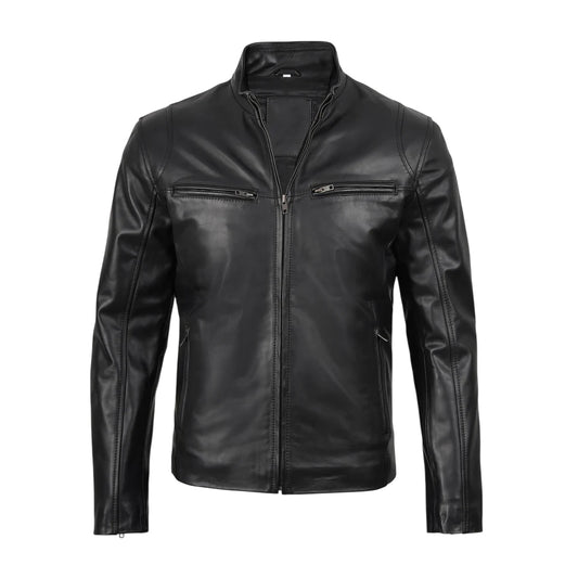 Men Cafe Racer Black Leather Jacket