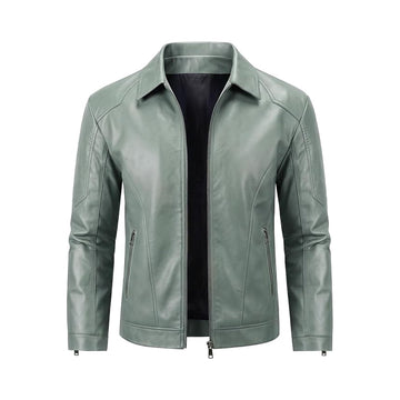 Men's Green Genuine Leather Jacket | Motorcycle Biker Coat with Turn-Down Collar Zip-Up Casual Outwear