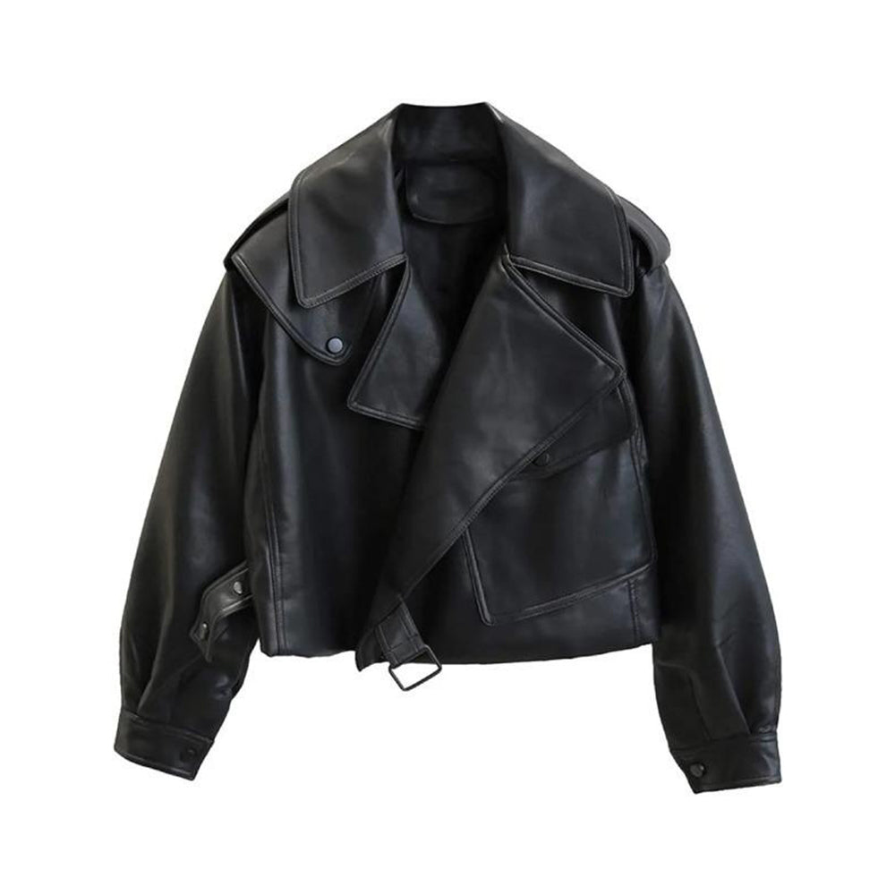 Women's Lambskin Leather Motorcycle Jacket Cropped Oversized