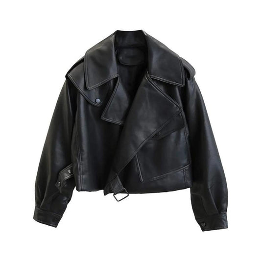 Women's Lambskin Leather Motorcycle Jacket Cropped Oversized