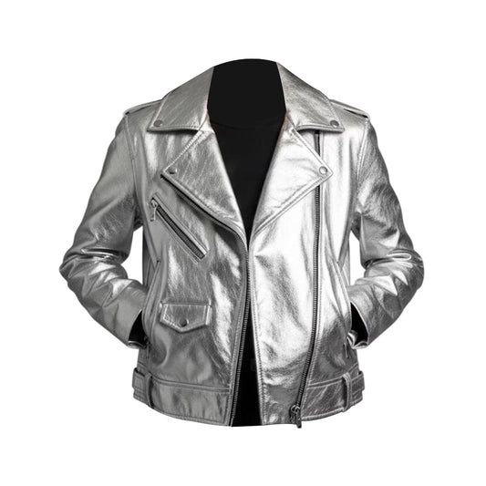 Womens Silver Metallic Lambskin Leather Style Biker