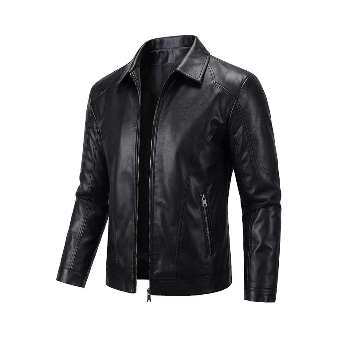 Men's Black Genuine Leather Jacket | Motorcycle Biker Coat with Turn-Down Collar Zip-Up Casual Outwear
