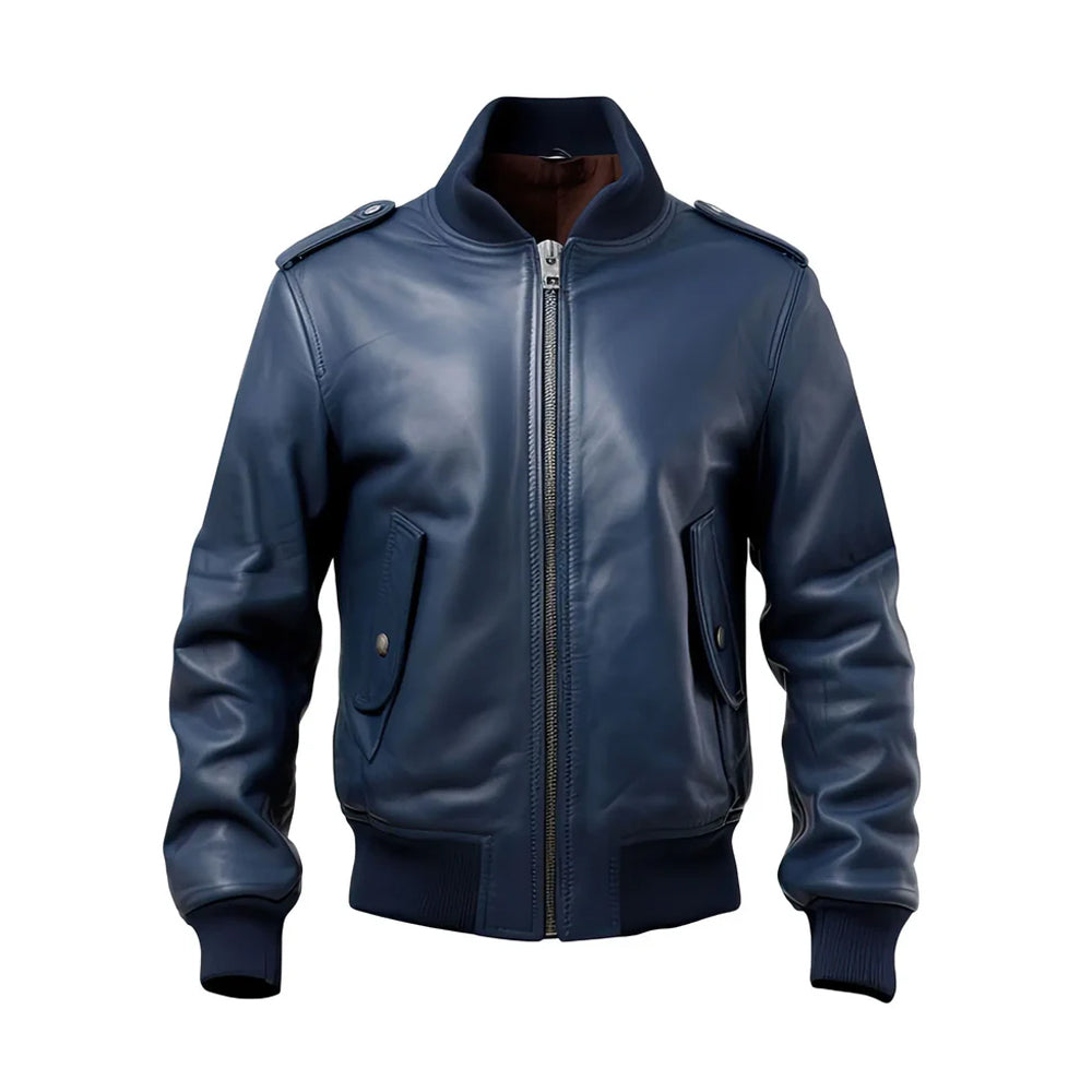 Men’s Navy Blue Genuine Sheepskin Stylish Baseball Zip-up Sporty Bomber Leather Jacket