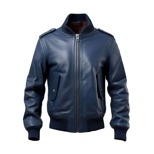 Men’s Navy Blue Genuine Sheepskin Stylish Baseball Zip-up Sporty Bomber Leather Jacket