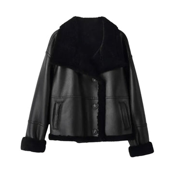 Women Winter Leather Real Wool Jacket Loose Fit Warm Sheep Fur Lining Overcoat Single Breasted Motorcycle Biker Coat