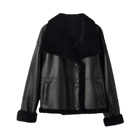 Women Winter Leather Real Wool Jacket Loose Fit Warm Sheep Fur Lining Overcoat Single Breasted Motorcycle Biker Coat