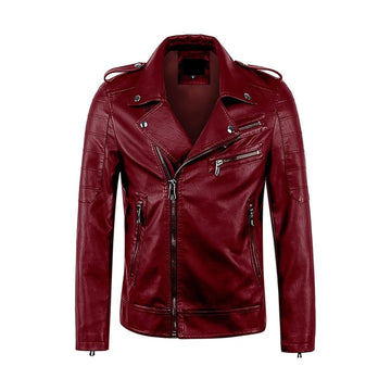 Men's Maroon Vintage Asymmetric Zip Lightweight Leather Biker Jacket