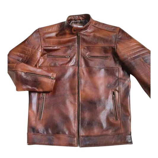 Mens Vintage Cafe Racer Distressed Brown Motorcycle Leather Jacket