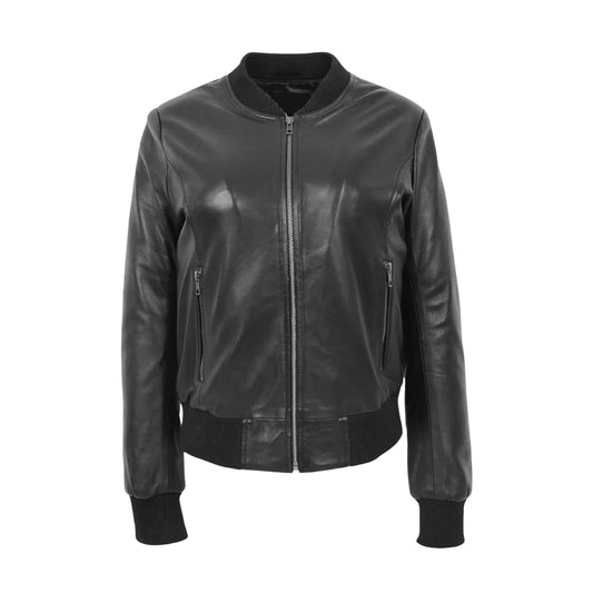 Women's Classic Leather Bomber Jacket, Black, Ribbed Collar and Cuffs, Full Zip Front