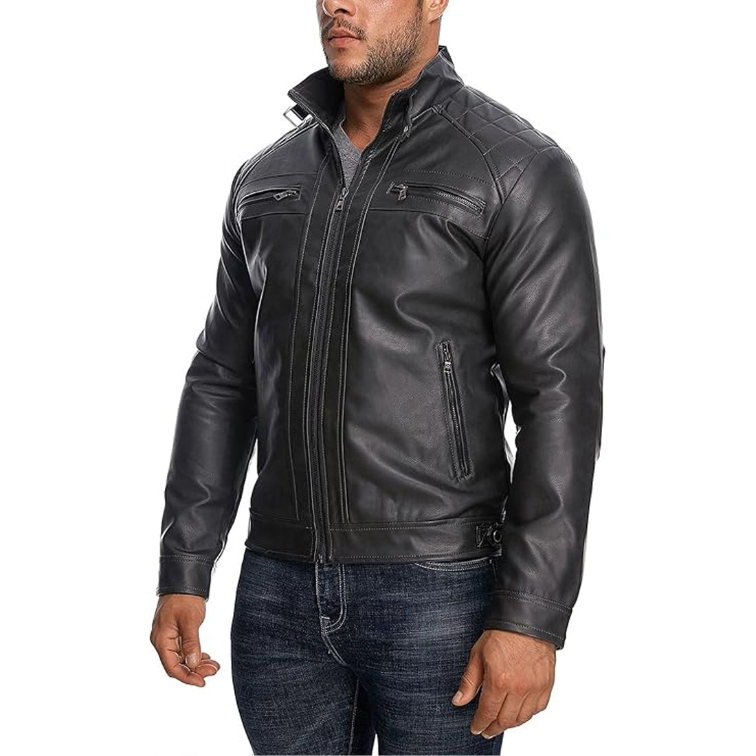Men’s Stand Collar Leather Jacket Casual Leather Motorcycle Jacket Outerwear Coat with Zipper Pockets