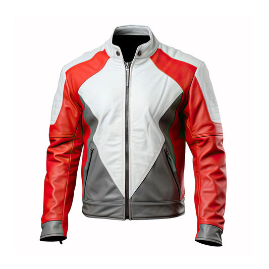 Mens Red And Grey Genuine Sheepskin Stand Collar Leather Jacket