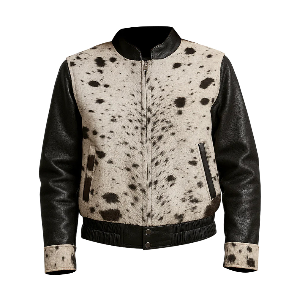 Women Cowhide Black White Hair on Hide Leather bomber Jacket, Black Sleeves with White Spotted Pattern, Elastic Waist
