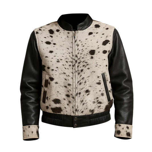 Women Cowhide Black White Hair on Hide Leather bomber Jacket, Black Sleeves with White Spotted Pattern, Elastic Waist