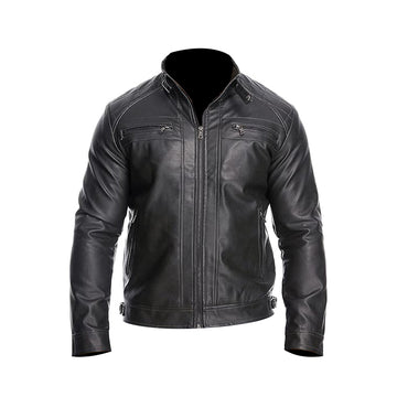 Men’s Stand Collar Leather Jacket Casual Leather Motorcycle Jacket Outerwear Coat with Zipper Pockets