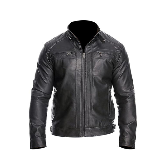 Men’s Stand Collar Leather Jacket Casual Leather Motorcycle Jacket Outerwear Coat with Zipper Pockets