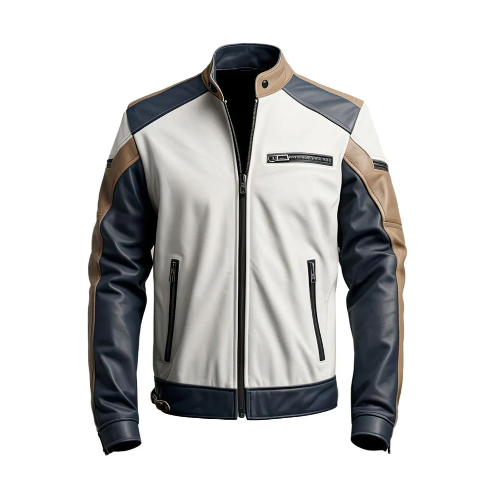 Mens Moto Biker Genuine Sheepskin Zip-Up Moto Biker Outfit Slim FitLeather Outfit - Dark Blue Grey
