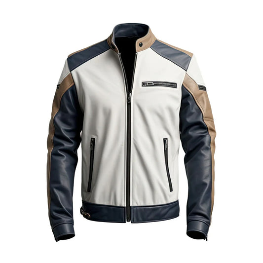 Mens Moto Biker Genuine Sheepskin Zip-Up Moto Biker Outfit Slim FitLeather Outfit - Dark Blue Grey