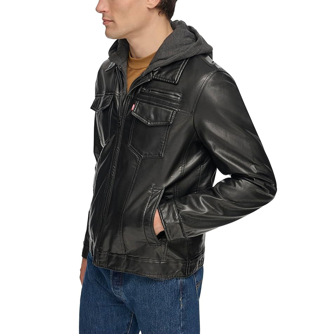 Men's Leather Hooded Trucker Jacket with Sherpa Lining