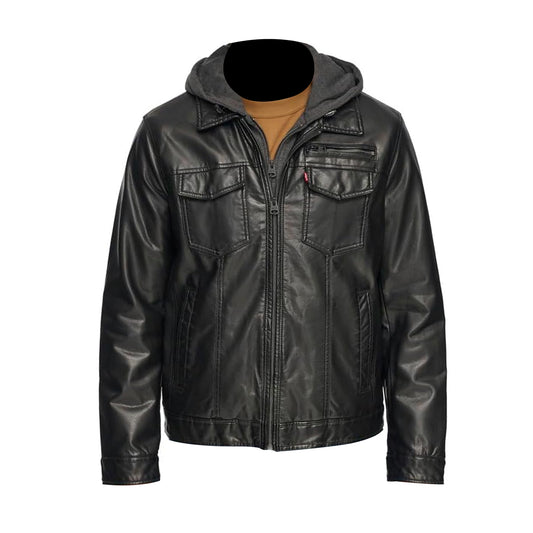 Men's Leather Hooded Trucker Jacket with Sherpa Lining
