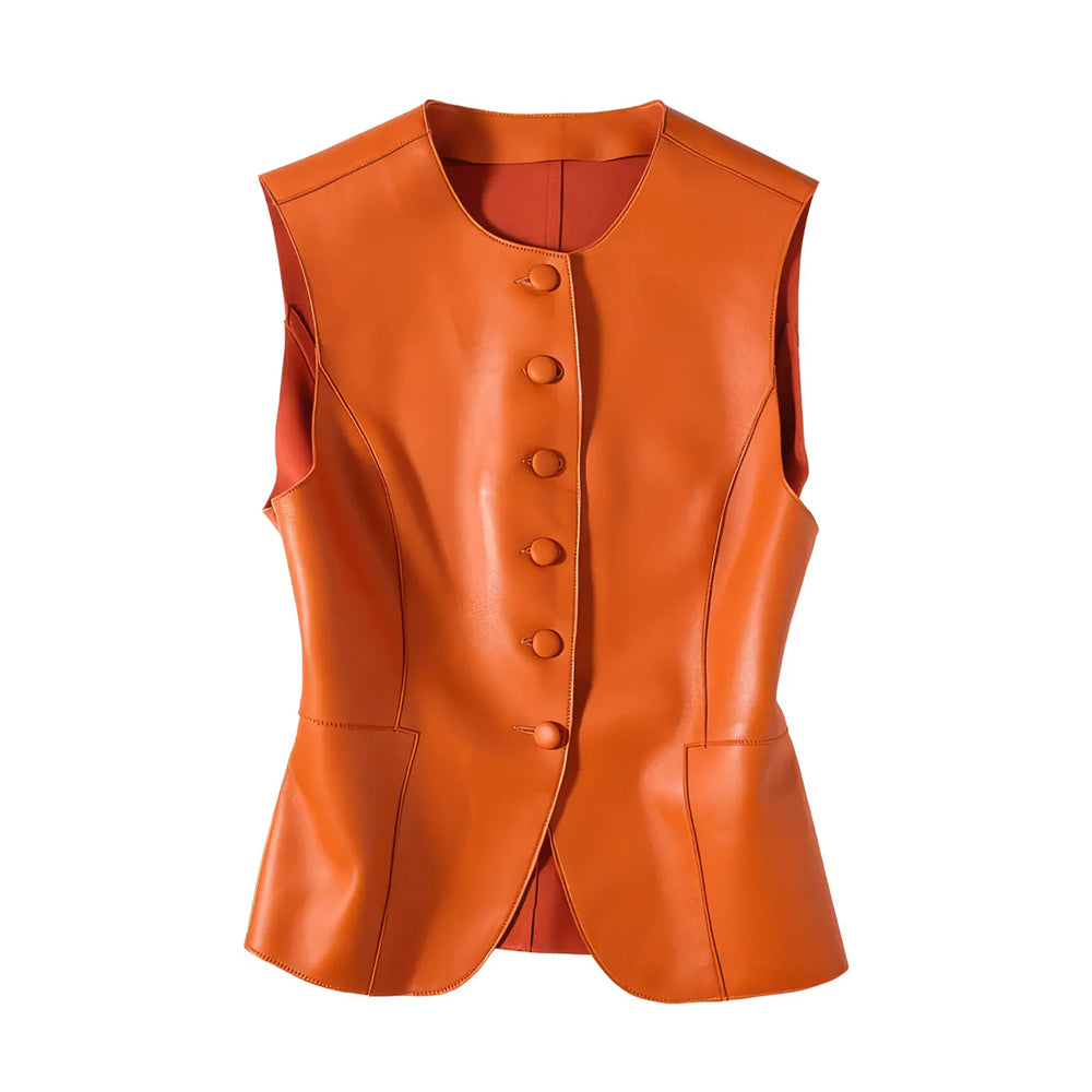 Women's Leather vest Orange Genuine Sheepskin Round Neck Sleeveless