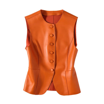 Women's Leather vest Orange Genuine Sheepskin Round Neck Sleeveless