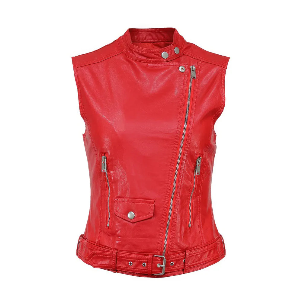 Women's Leather Vest Red Racer Genuine Leather Stand Collar Sleeveless Vest ll Casual Café ll Racer Asymmetric Biker Leather Waistcoat