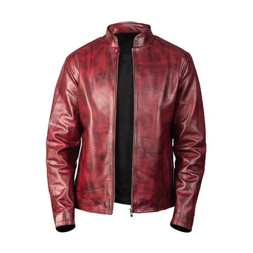 Mens Distressed Red Maroon Leather Jacket