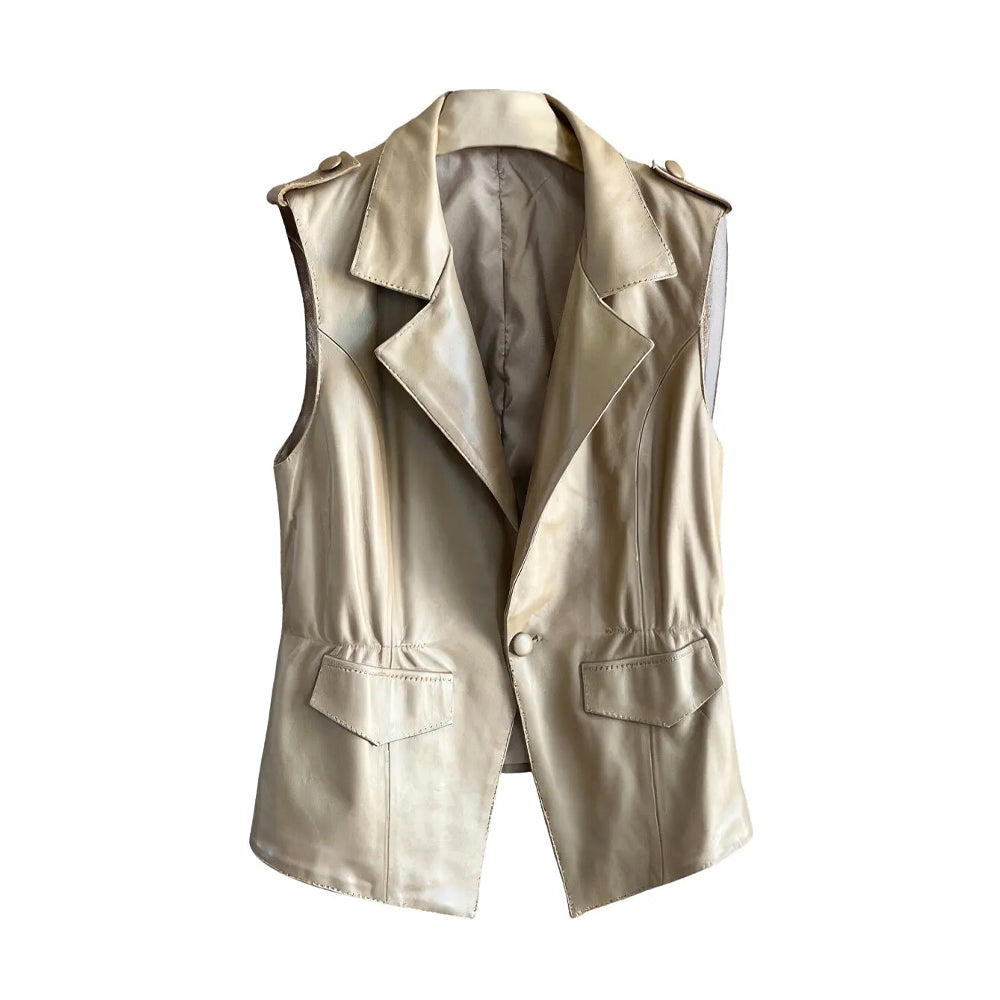 Apricot Women's Leather Vest Sheepskin Notched Lapel Collar Leather Sleeveless Vest