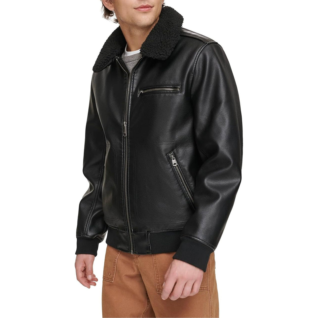 Men's Real Leather Aviator Bomber Jacket with Fur Collar