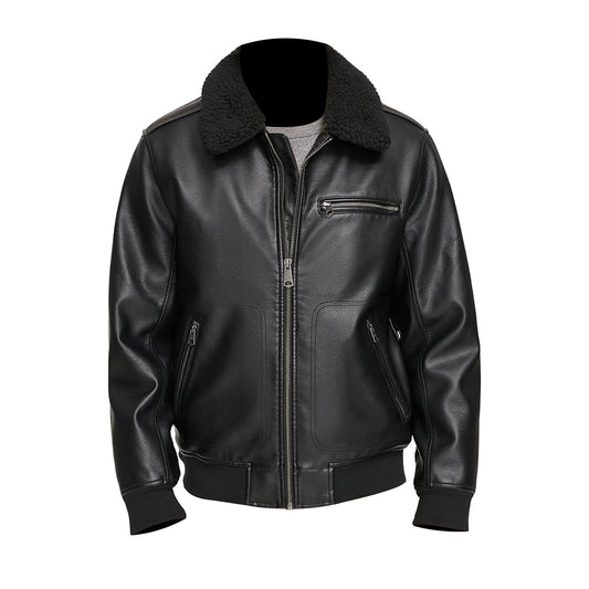 Men's Real Leather Aviator Bomber Jacket with Fur Collar