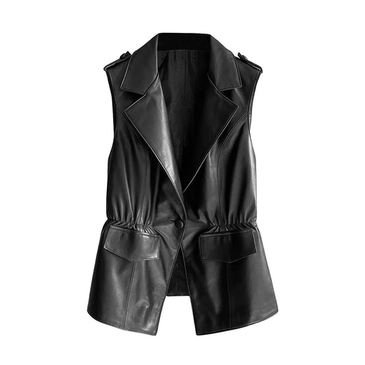women's leather vest Black Genuine Sheepskin Notched Lapel Collar Leather Sleeveless Vest