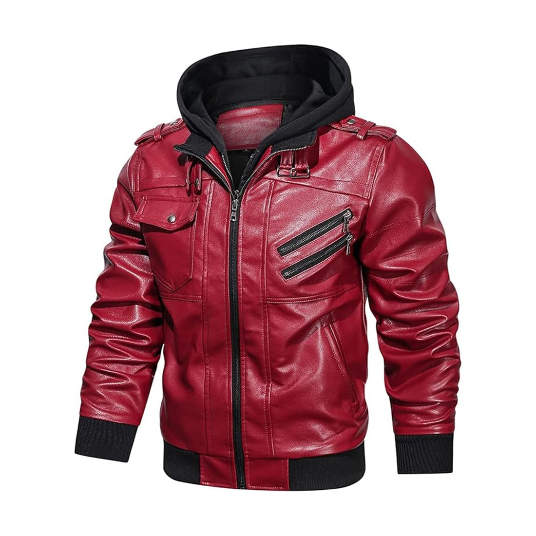 Men's Casual Stand Collar Real Leather Zip-Up Motorcycle Bomber Jacket With a Removable Hood