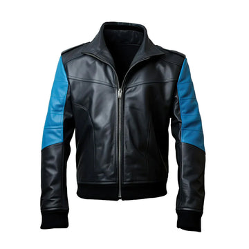 Mens Black & Blue Comfy Stylish Bomber Real Leather black bomber jacket