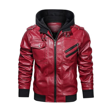 Men's Casual Stand Collar Real Leather Zip-Up Motorcycle Bomber Jacket With a Removable Hood