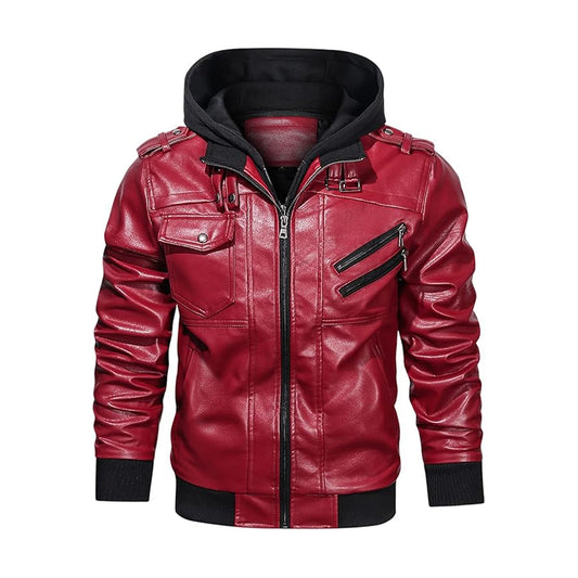 Men's Casual Stand Collar Real Leather Zip-Up Motorcycle Bomber Jacket With a Removable Hood