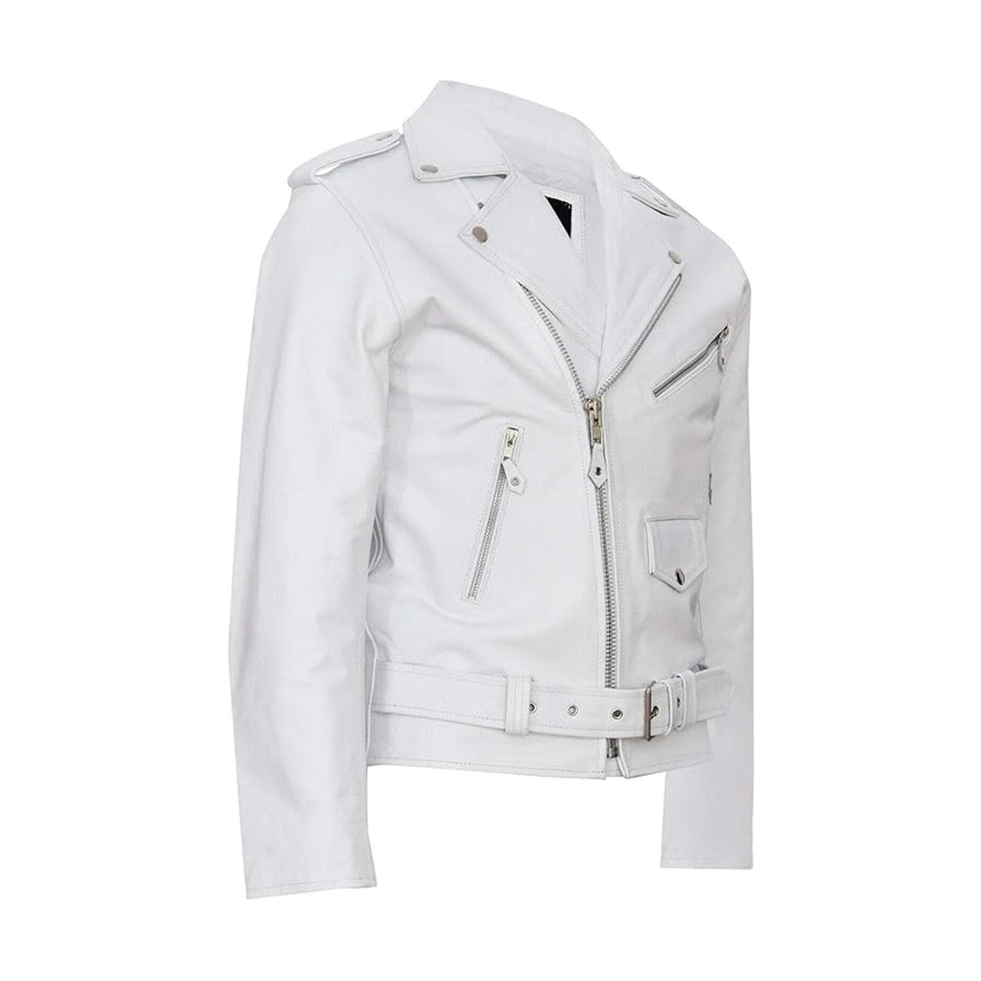 Men's Real Leather Biker Jacket Cross Zip Brando White Hide Grease Classic