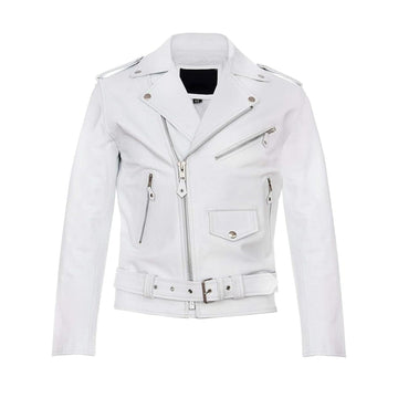 Men's Real Leather Biker Jacket Cross Zip Brando White Hide Grease Classic
