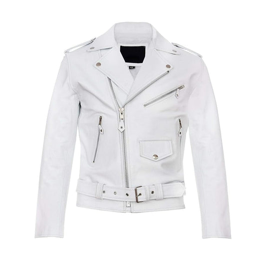 Men's Real Leather Biker Jacket Cross Zip Brando White Hide Grease Classic