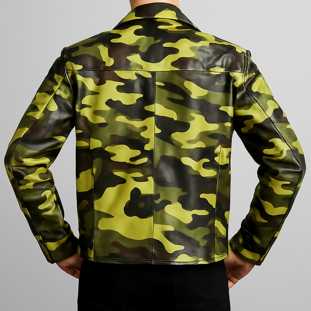 Camouflage Motorcycle Jacket, Military Green and Yellow Print, Multi-Pocket Design with Zipper Closure