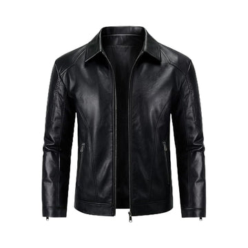 Men's Black Genuine Leather Jacket | Motorcycle Biker Coat with Turn-Down Collar Zip-Up Casual Outwear
